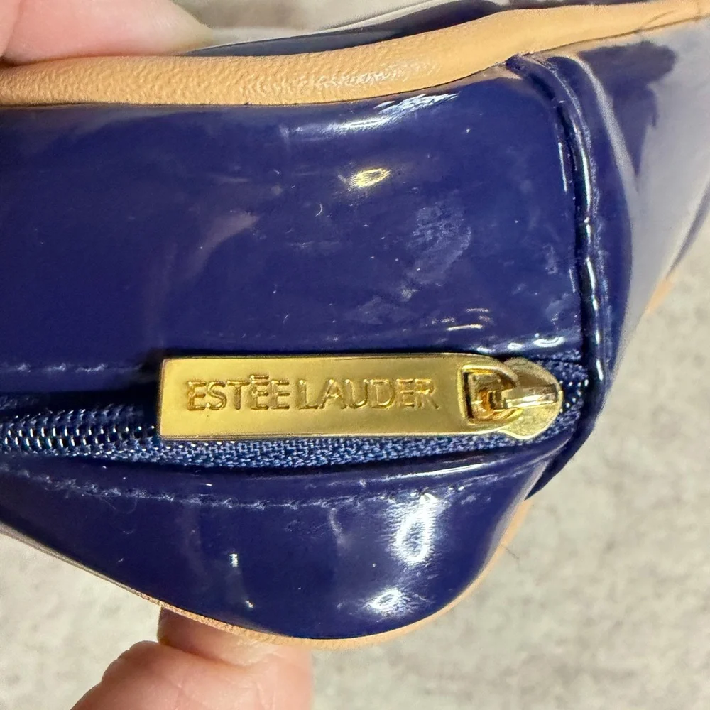 Estée Lauder Make Up Travel Bag Navy Blue Tan Rim‎ Zipper Mirror 10x5x2.5”